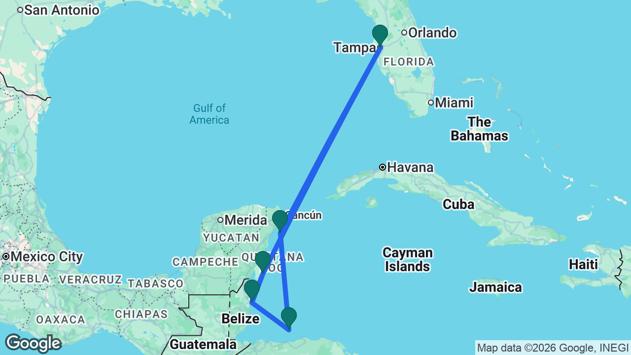 Route map: Tampa -> Cozumel -> Roatán -> Belize City -> Costa Maya -> Tampa