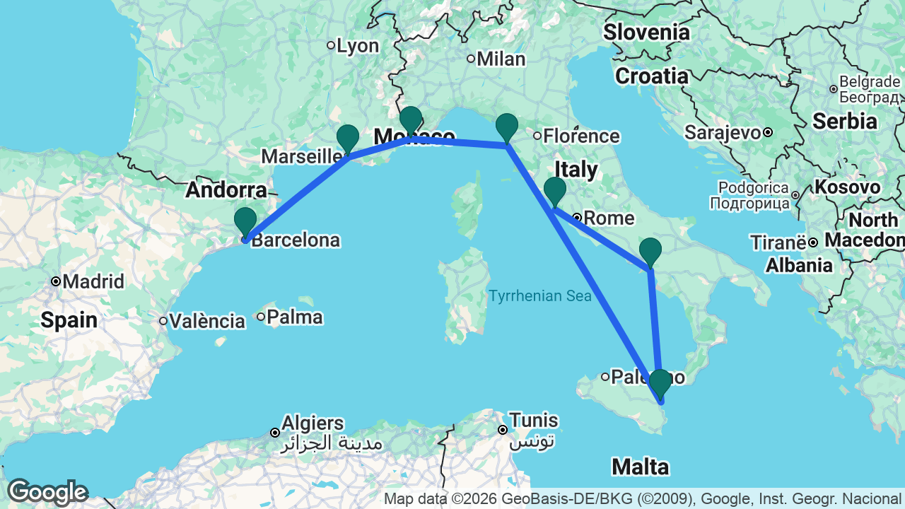 Route map: Rome -> Amalfi Coast -> Catania -> Florence -> Villefranche -> Marseille -> Barcelona