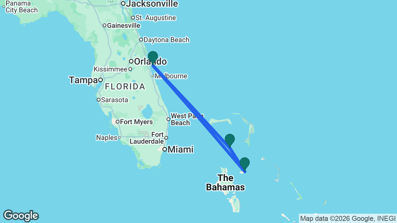 Route map: Port Canaveral -> Great Stirrup Cay -> Nassau -> Port Canaveral