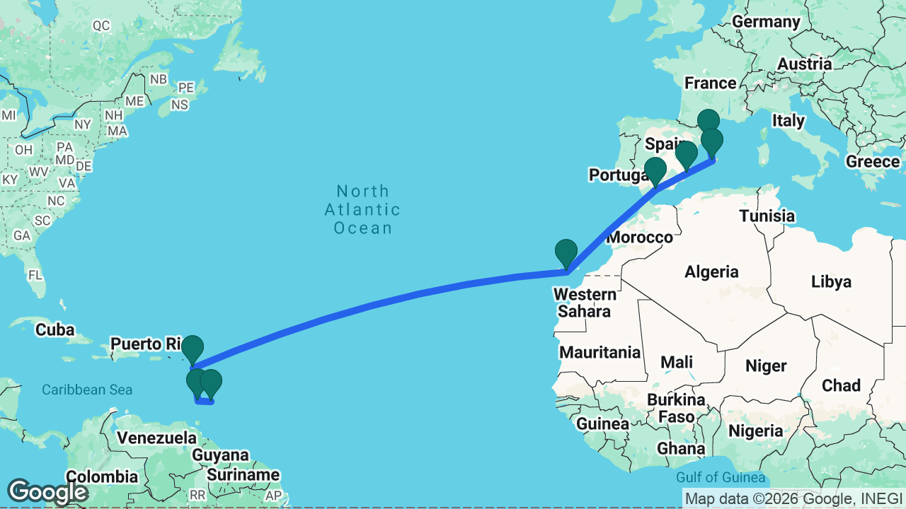 Route map: Barcelona -> Mallorca -> Alicante -> Málaga -> Gran Canaria -> Antigua -> St. Vincent -> Barbados