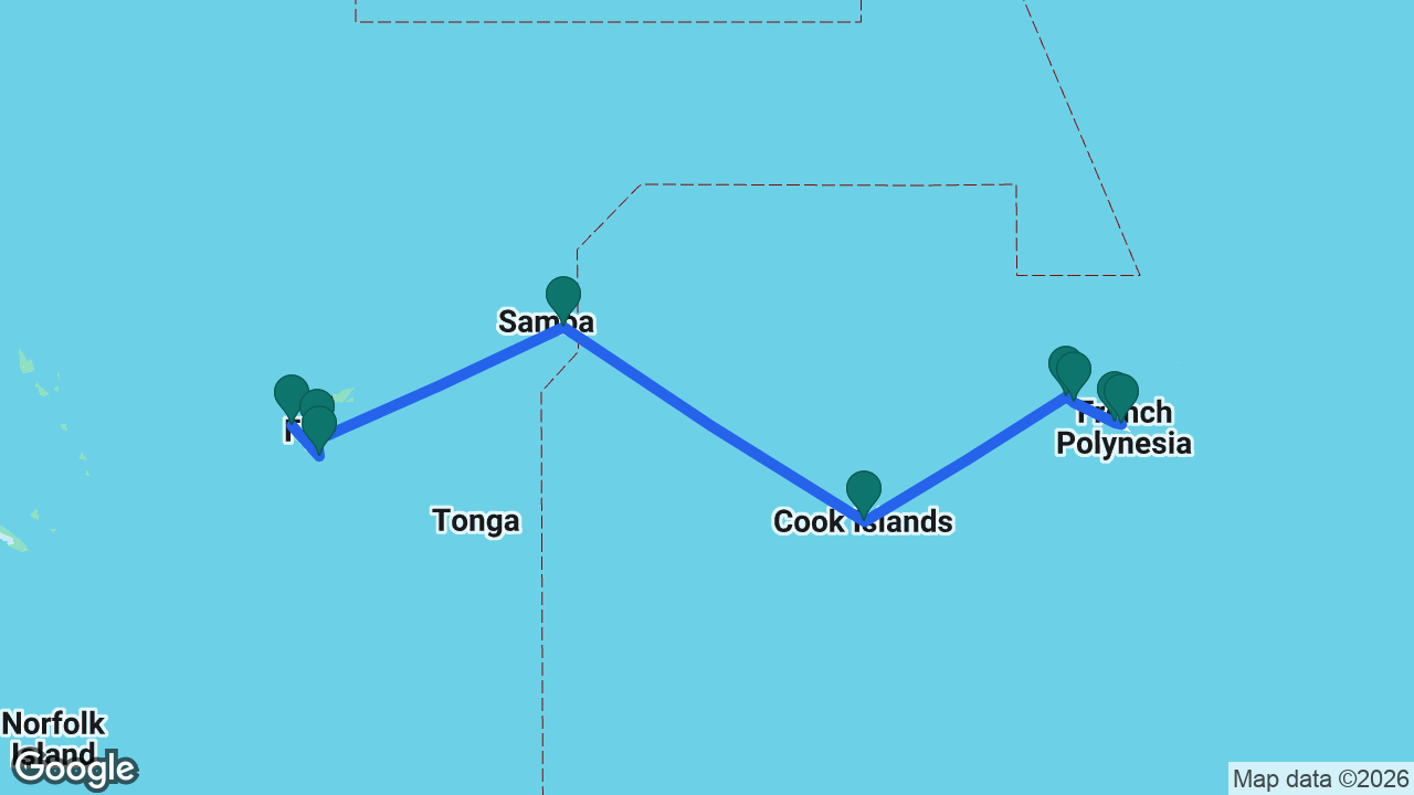 Route map: Lautoka -> Dravuni Island -> Fiji -> Apia -> Cook Islands -> Bora Bora -> Raiatea -> Moorea -> Tahiti