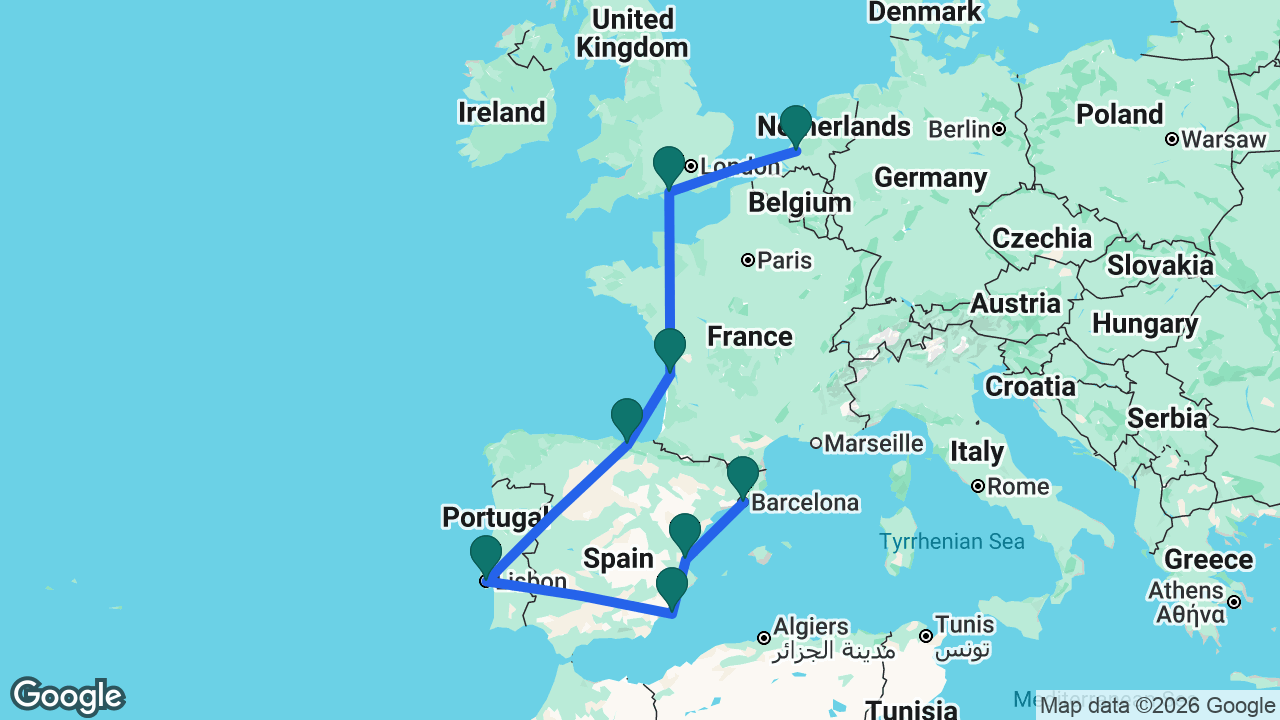 Route map: Rotterdam -> Portsmouth -> Bordeaux -> Bilbao -> Lisbon -> Cartagena -> Valencia -> Barcelona