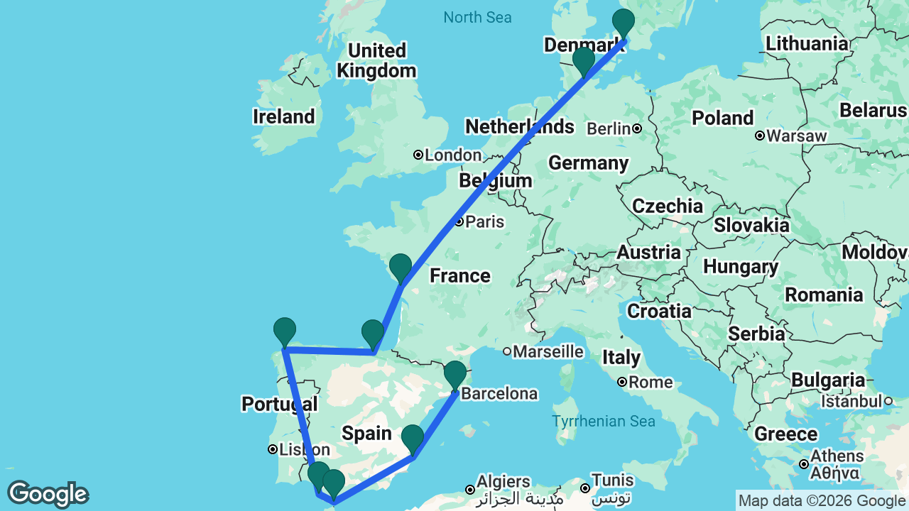 Route map: Barcelona -> Alicante -> Gibraltar -> Cádiz -> La Coruña -> Bilbao -> La Rochelle -> Kiel -> Copenhagen