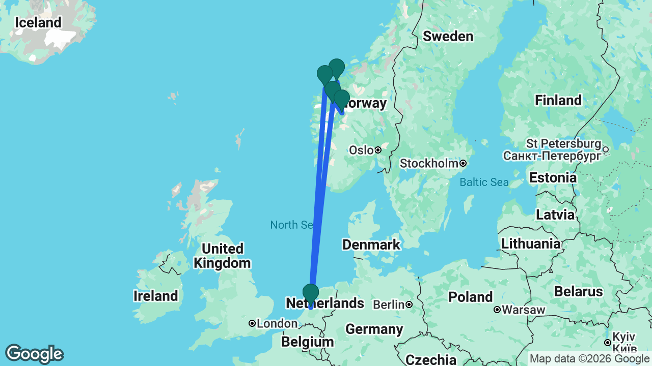 Route map: Amsterdam -> Ålesund -> Skjolden -> Molde -> Olden -> Amsterdam
