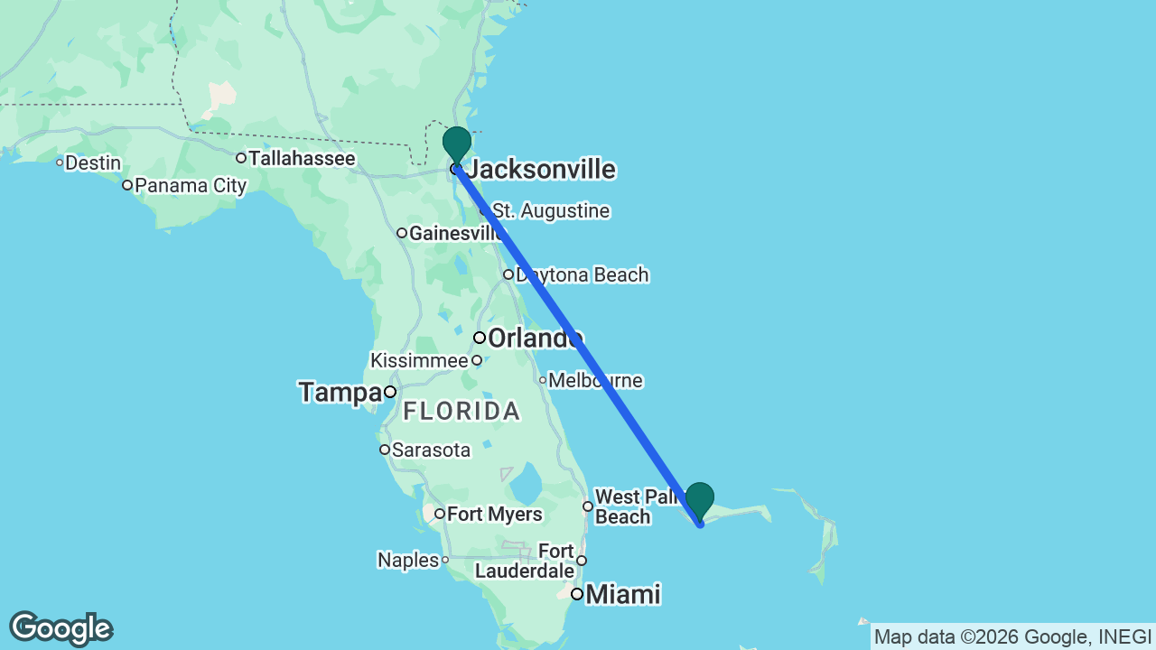 Route map: Jacksonville -> Freeport -> Jacksonville