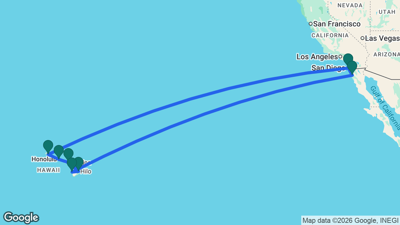 Route map: San Diego -> Kauai -> Honolulu -> Maui -> Hilo -> Kona -> Ensenada -> San Diego