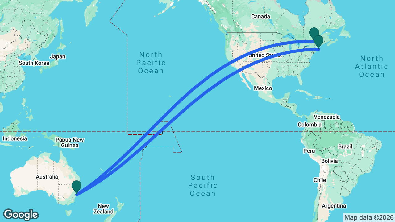 Route map: Montreal -> Sydney -> Boston