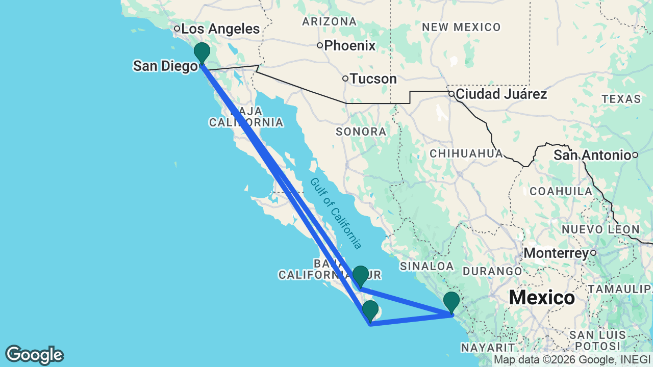 Route map: San Diego -> Cabo -> Mazatlán -> La Paz -> San Diego