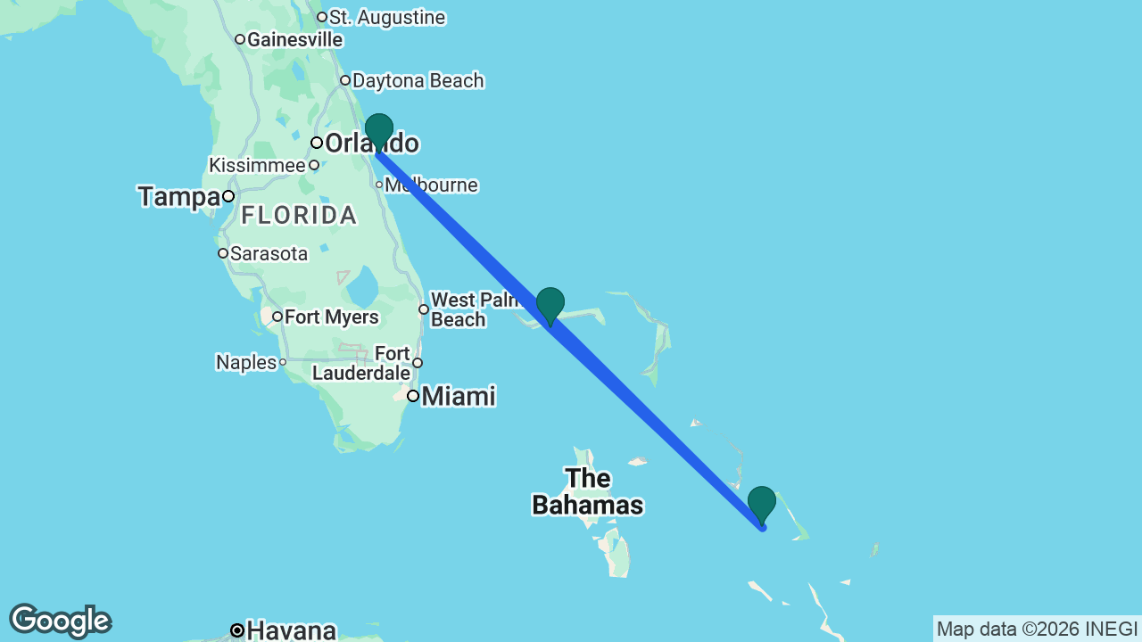 Route map: Port Canaveral -> Half Moon Cay -> Celebration Key -> Port Canaveral