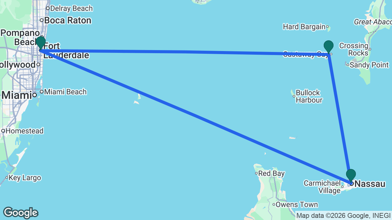 Route map: Fort Lauderdale -> Nassau -> Castaway Cay -> Fort Lauderdale