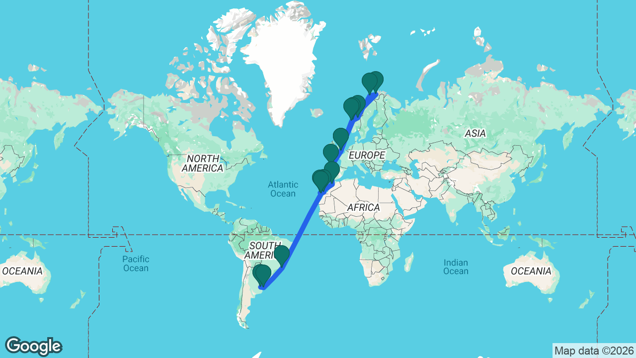 Route map: Buenos Aires -> Montevideo -> Rio -> Gran Canaria -> Lanzarote -> Tenerife -> Casablanca -> La Coruña -> Southampton -> Ålesund -> Trondheim -> Tromsø -> Alta -> Molde -> Southampton