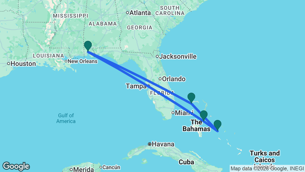 Route map: Mobile -> Celebration Key -> Princess Cays -> Nassau -> Mobile
