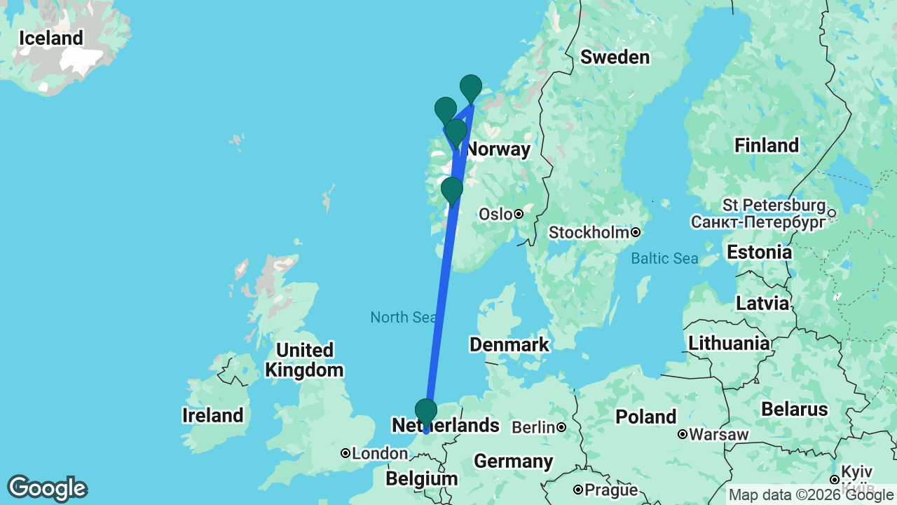 Route map: Amsterdam -> Kristiansund -> Ålesund -> Olden -> Odda -> Amsterdam