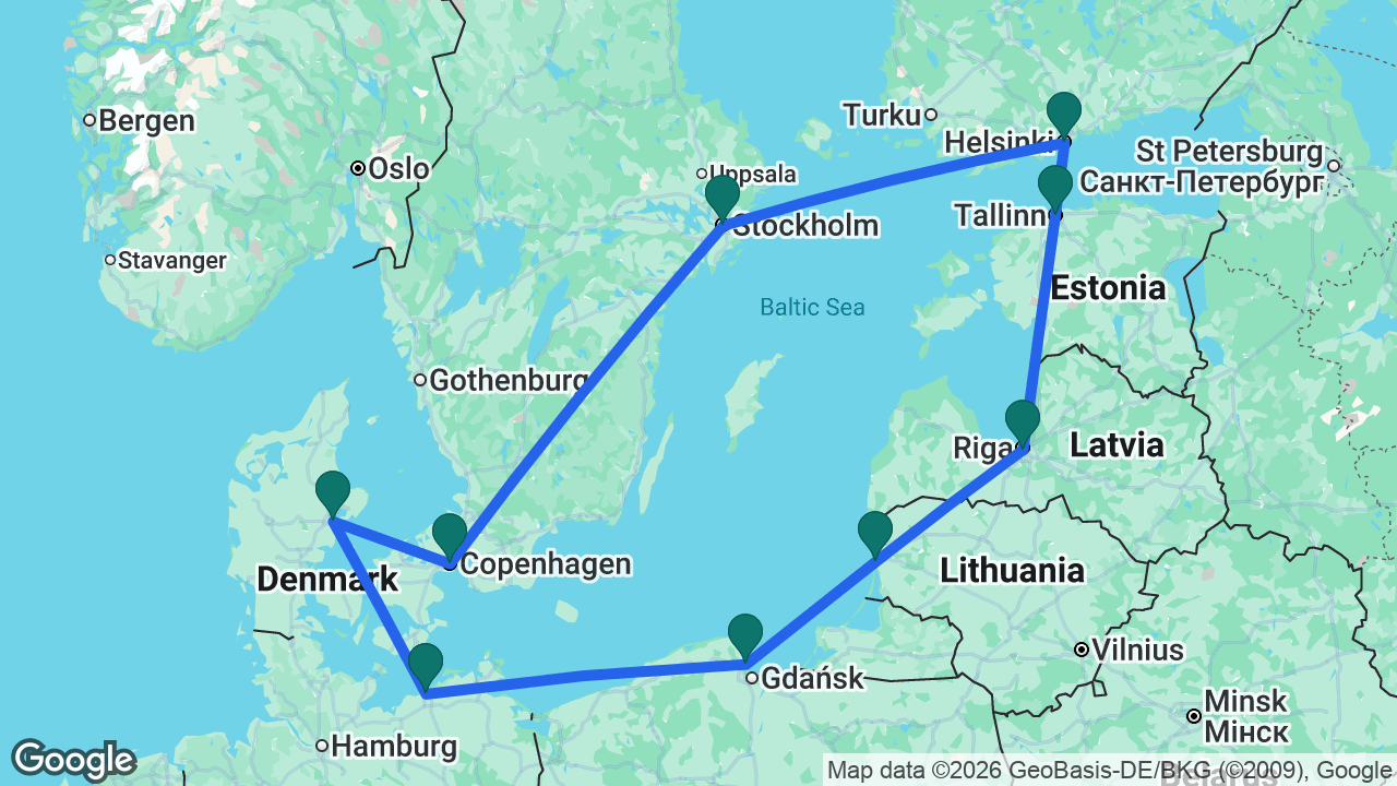 Route map: Berlin -> Gdansk -> Klaipeda -> Riga -> Tallinn -> Helsinki -> Stockholm -> Copenhagen -> Aarhus -> Berlin