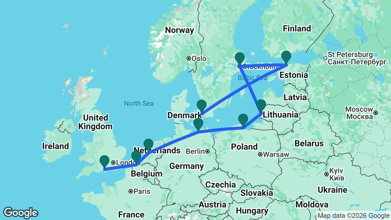Route map: Southampton -> Bruges -> Amsterdam -> Berlin -> Gdansk -> Klaipeda -> Stockholm -> Tallinn -> Copenhagen