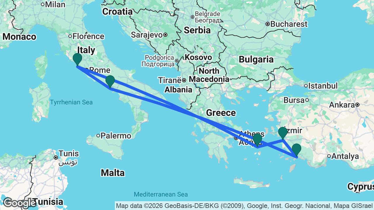 Route map: Naples -> Rome -> Mykonos -> Ephesus -> Marmaris -> Naples