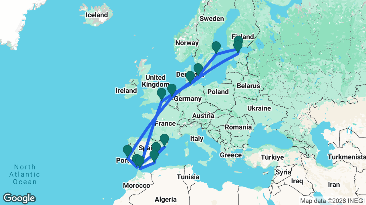 Route map: Rotterdam -> Lisbon -> Cádiz -> Barcelona -> Valencia -> Cartagena -> Gibraltar -> Dover -> Kiel -> Tallinn -> Helsinki -> Stockholm -> Copenhagen -> Rotterdam