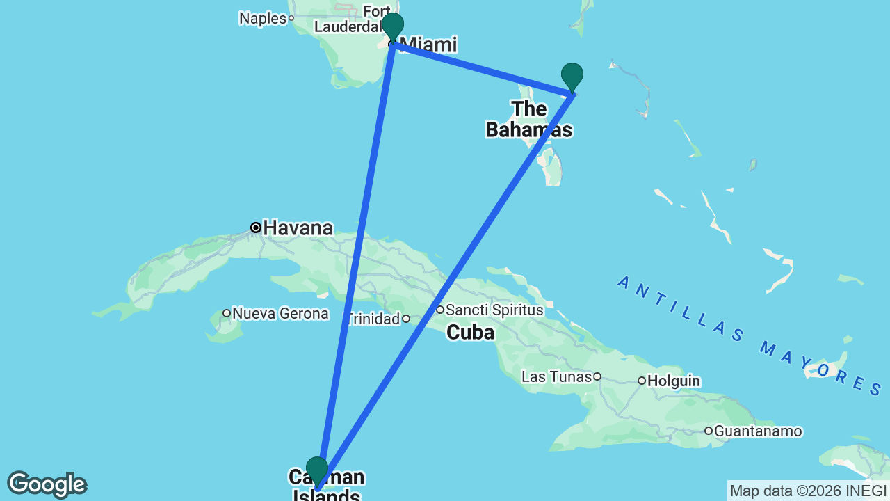 Route map: Miami -> Nassau -> Grand Cayman -> Miami