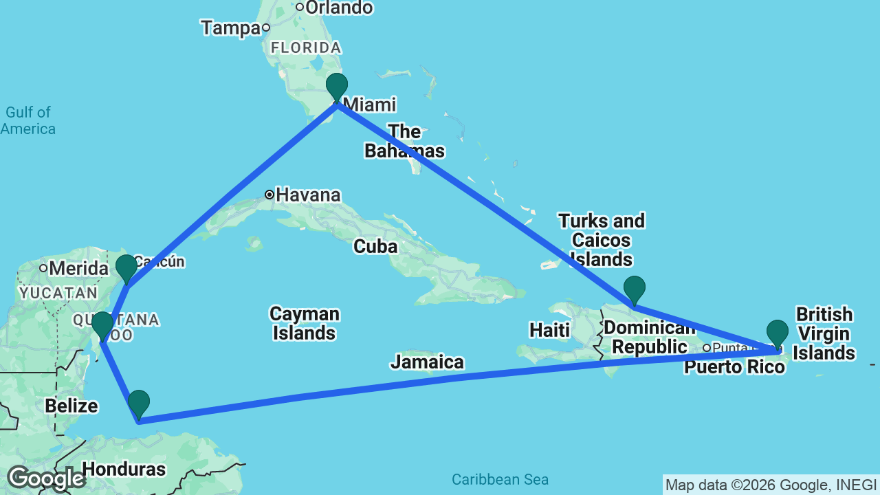 Route map: Miami -> Puerto Plata -> San Juan -> Roatán -> Costa Maya -> Cozumel -> Miami