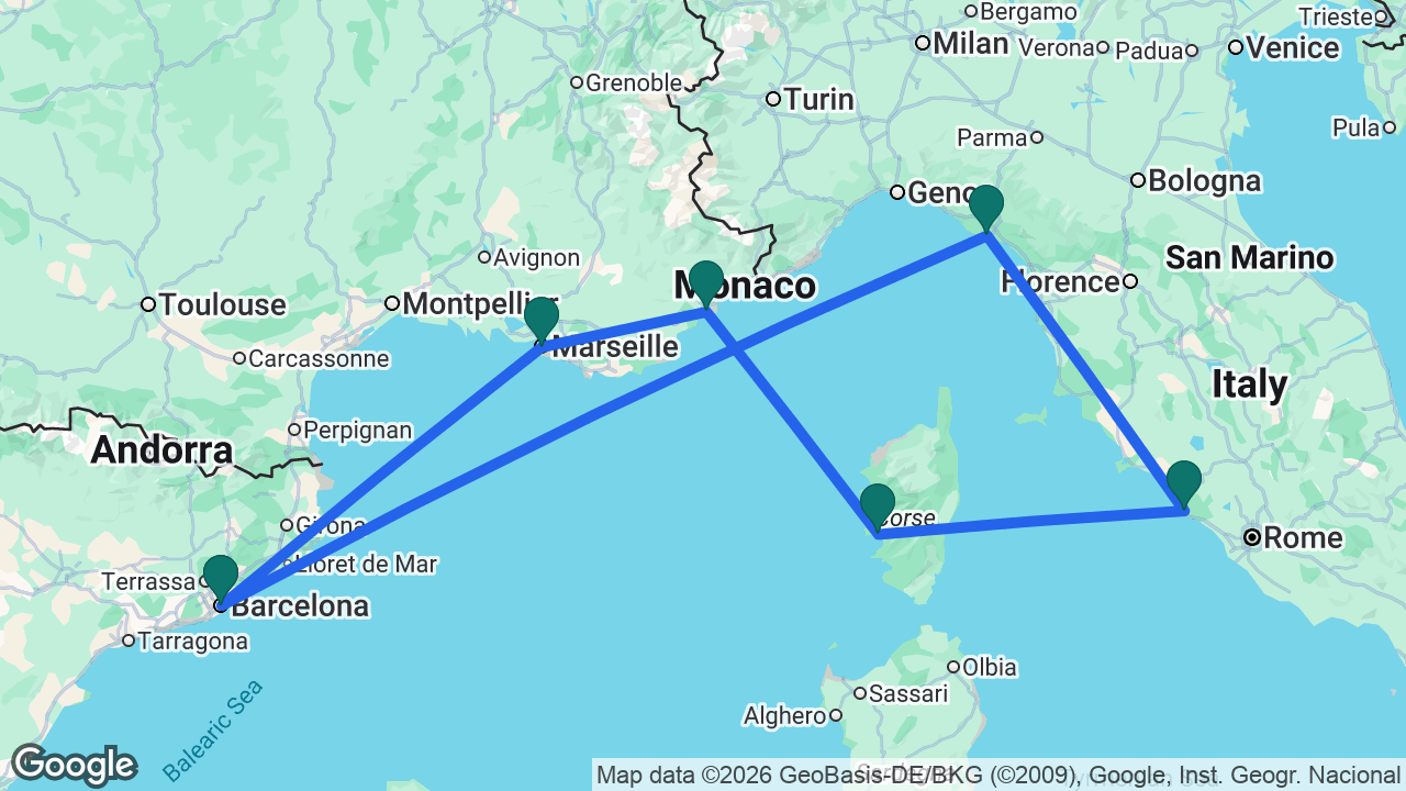 Route map: Barcelona -> La Spezia -> Rome -> Ajaccio -> Cannes -> Marseille -> Barcelona