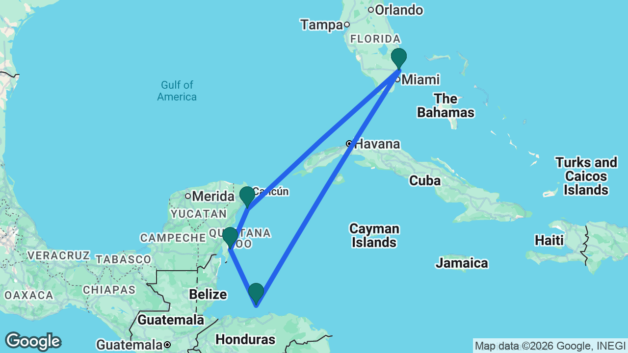 Route map: Fort Lauderdale -> Cozumel -> Costa Maya -> Roatán -> Fort Lauderdale