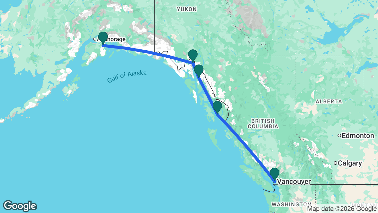 Route map: Vancouver -> Ketchikan -> Juneau -> Skagway -> Whittier