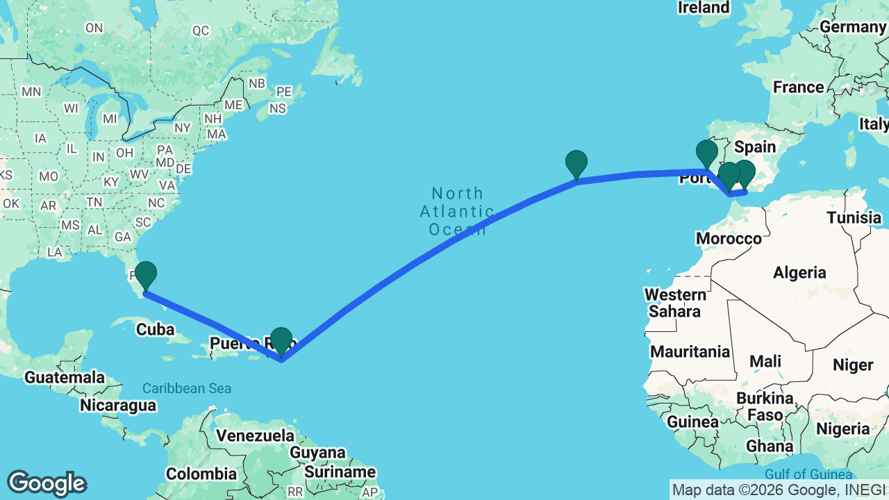 Route map: Miami -> St. Maarten -> Azores -> Lisbon -> Cádiz -> Málaga