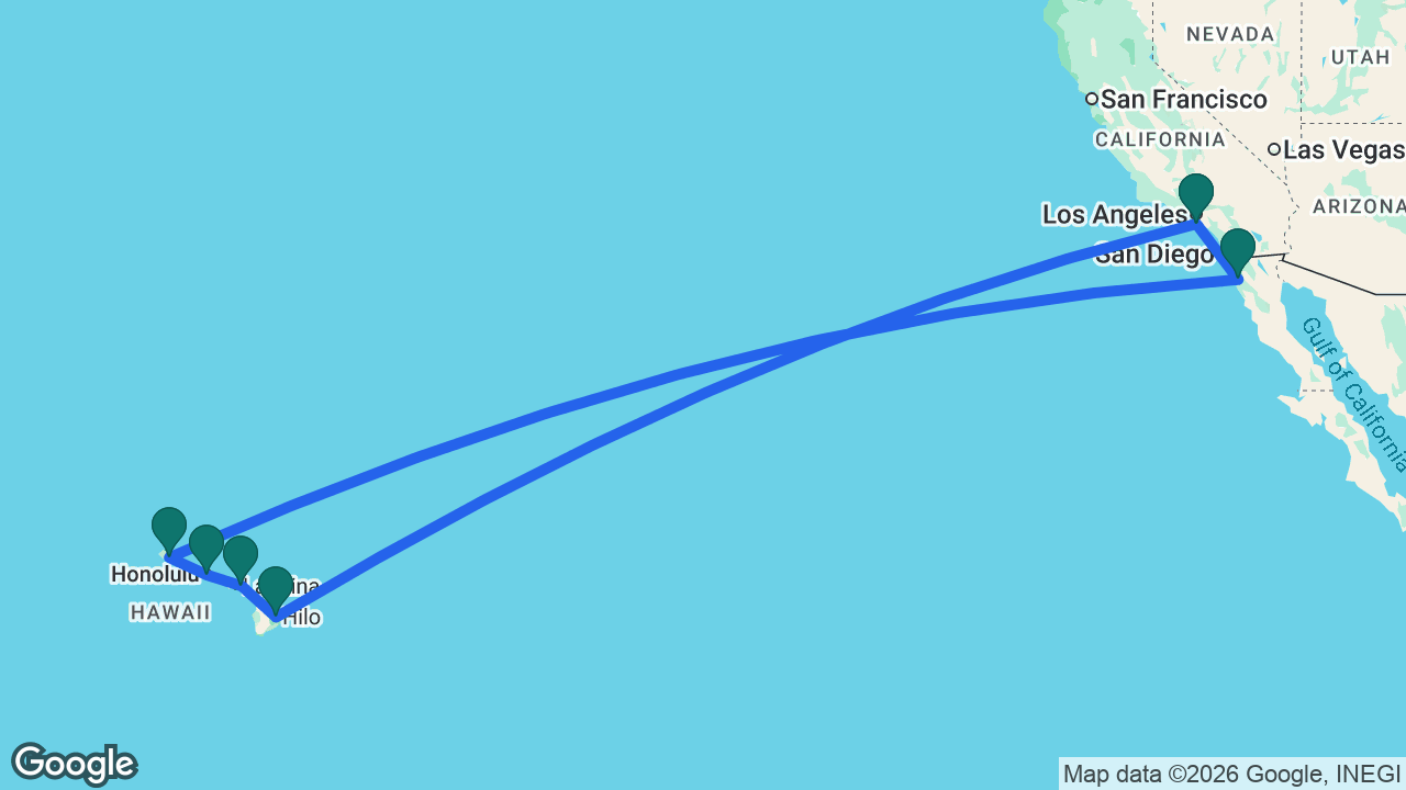 Route map: Los Angeles -> Hilo -> Maui -> Honolulu -> Kauai -> Ensenada -> Los Angeles