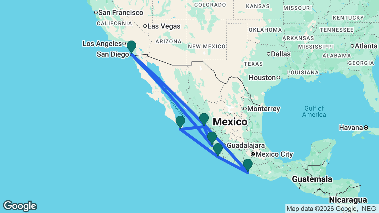 Route map: San Diego -> Puerto Vallarta -> Mazatlán -> Cabo -> Manzanillo -> Acapulco -> San Diego