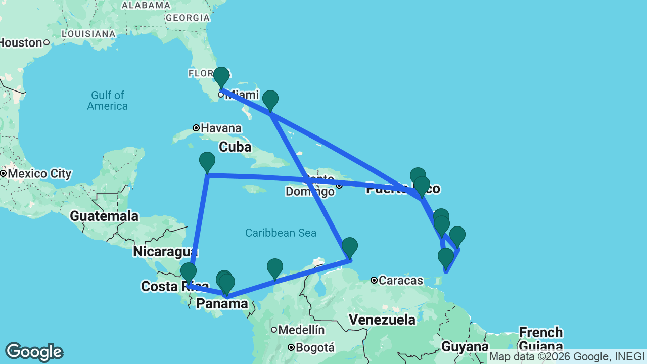 Route map: Fort Lauderdale -> Half Moon Cay -> Curaçao -> Cartagena -> Panama Canal -> Gatún Lake -> Colón -> Limón -> Grand Cayman -> St. Maarten -> Martinique -> Barbados -> Tobago -> St. Lucia -> St. Kitts -> Fort Lauderdale