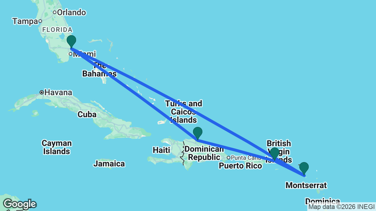Route map: Fort Lauderdale -> Puerto Plata -> St. Thomas -> St. Kitts -> Fort Lauderdale
