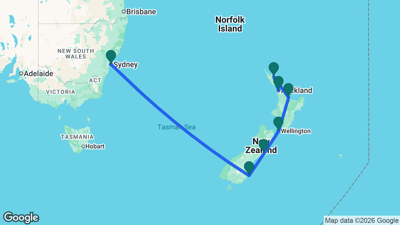 Route map: Sydney -> Dunedin -> Christchurch -> Wellington -> Tauranga -> Bay of Islands -> Auckland
