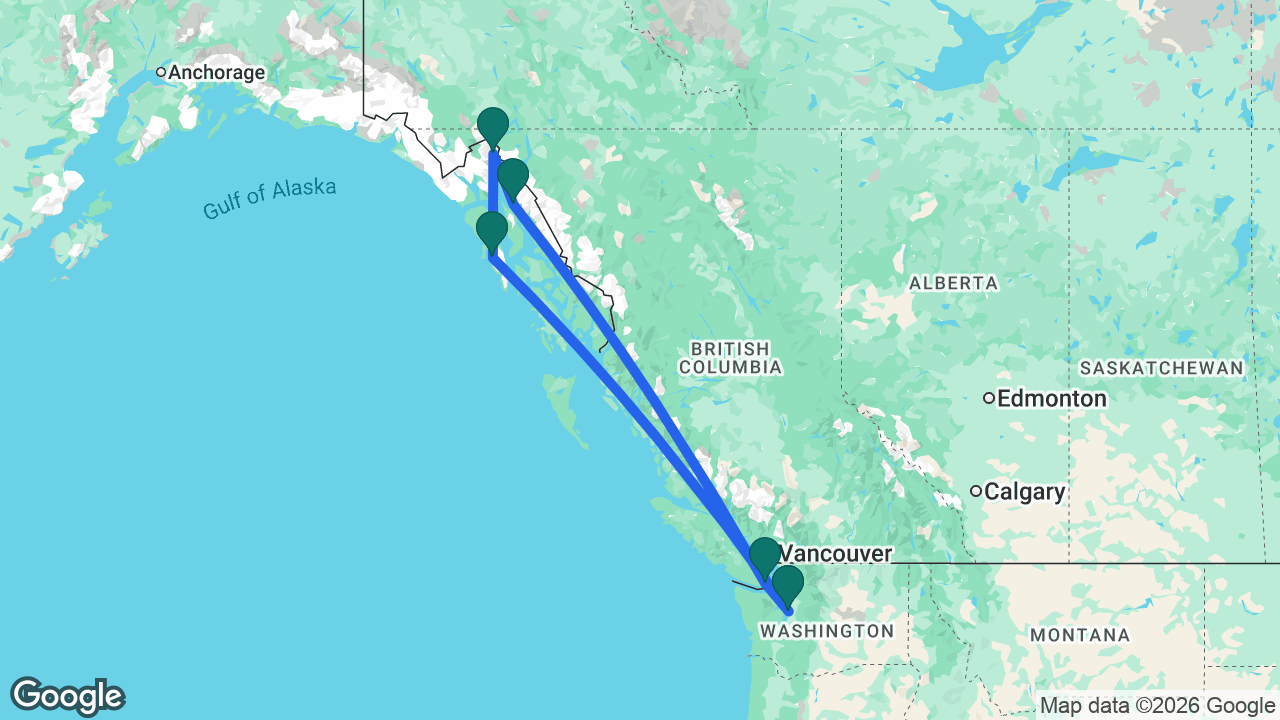 Route map: Seattle -> Sitka -> Skagway -> Juneau -> Victoria -> Seattle