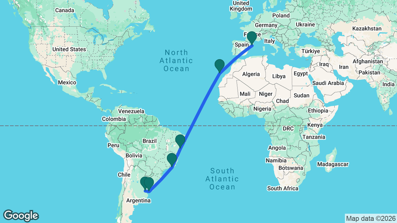 Route map: Barcelona -> Tenerife -> Salvador -> Rio -> Montevideo -> Buenos Aires