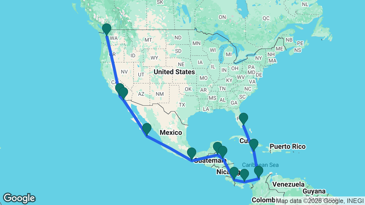Route map: Miami -> Ocho Rios -> Cartagena -> Colón -> Limón -> Roatán -> Belize City -> Huatulco -> Cabo -> San Diego -> Los Angeles -> Seattle