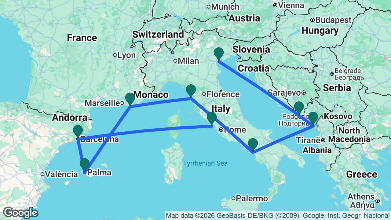 Route map: Venice -> Dubrovnik -> Bar -> Amalfi Coast -> Florence -> Toulon -> Mallorca -> Barcelona -> Rome