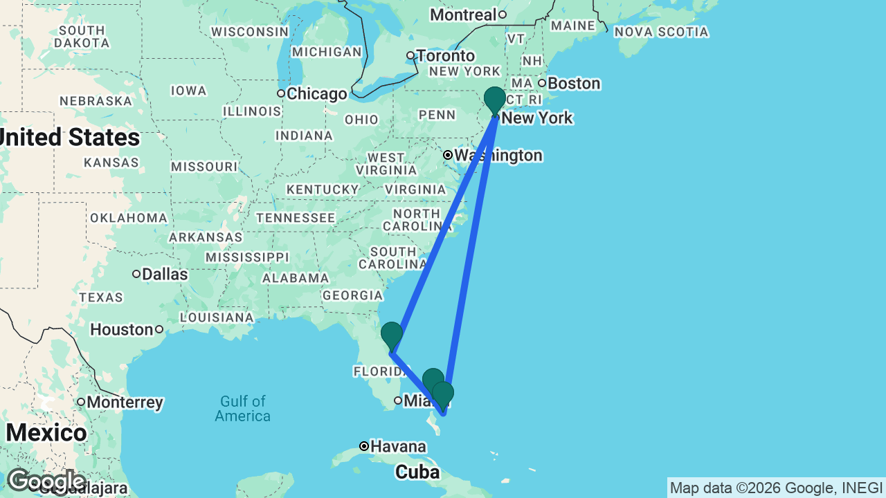 Route map: New York -> Port Canaveral -> CocoCay -> Nassau -> New York