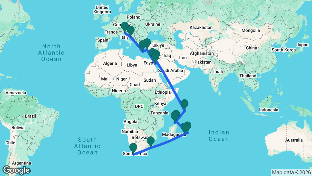 Route map: Cape Town -> Durban -> Réunion (Le Port) -> Port Louis -> Antsiranana -> Nosy Be -> Port Victoria -> Petra -> Sharm el Sheikh -> Suez Canal -> Rhodes -> Heraklion -> Split -> Venice