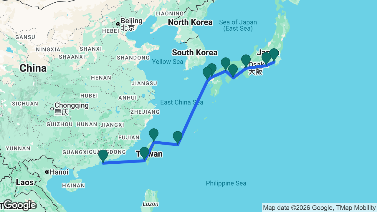 Route map: Hong Kong -> Kaohsiung -> Keelung -> Miyakojima -> Sasebo -> Hakata -> Hiroshima -> Kochi -> Osaka -> Mount Fuji -> Tokyo