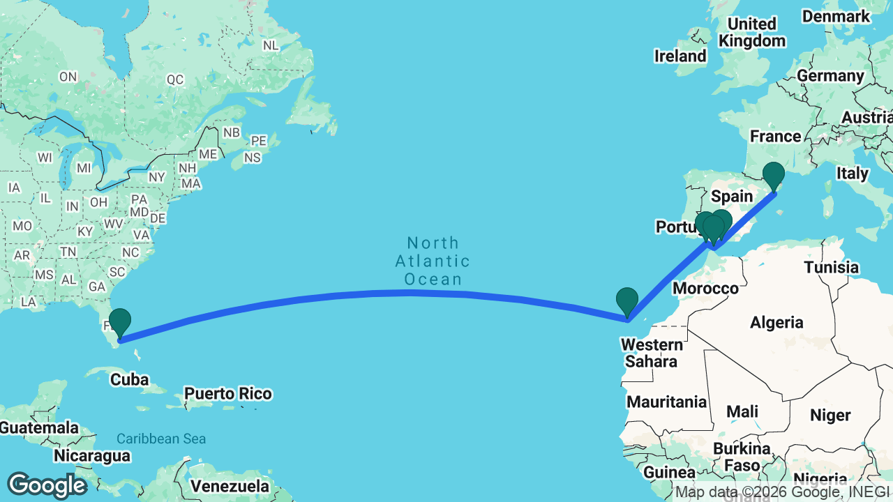 Route map: Barcelona -> Málaga -> Gibraltar -> Cádiz -> Tenerife -> Fort Lauderdale