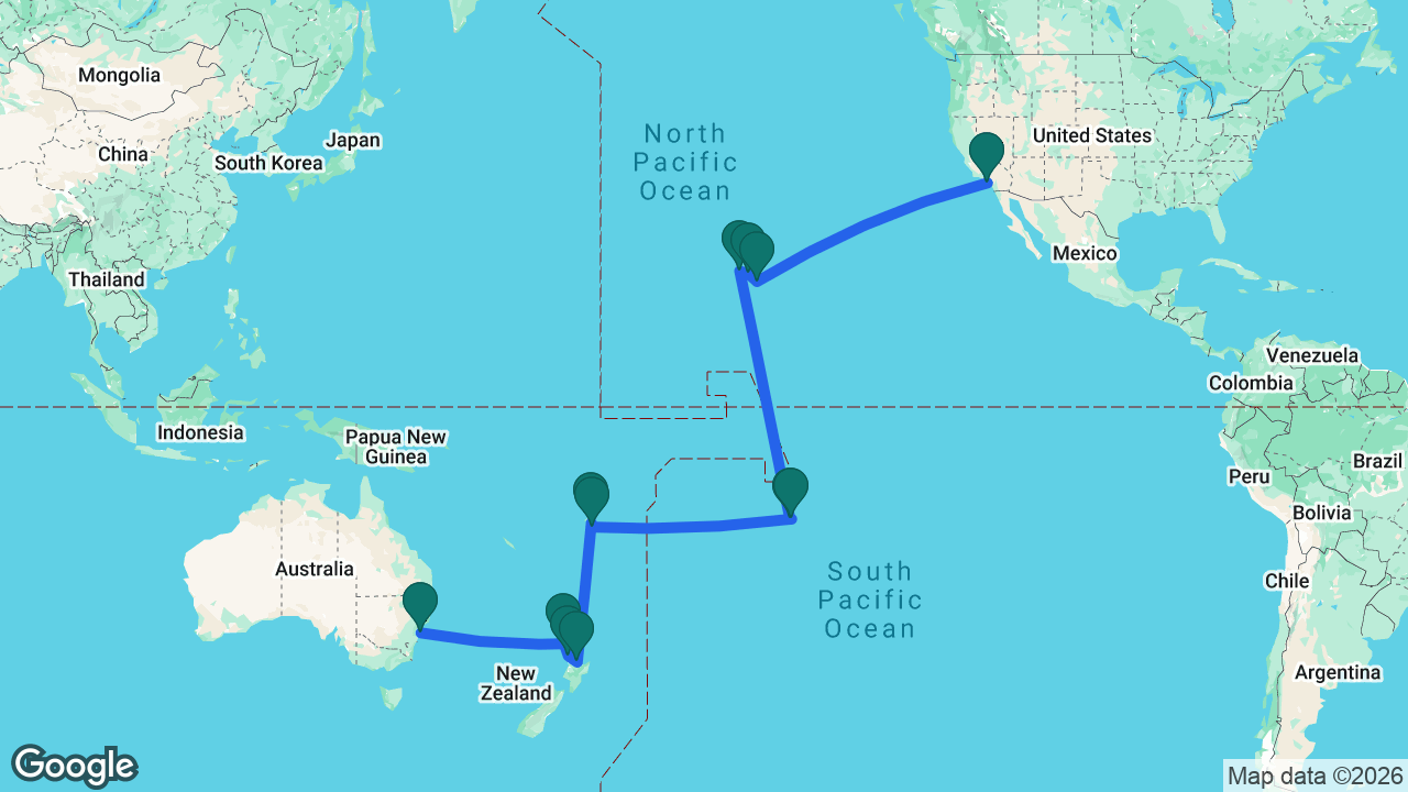Route map: Sydney -> Bay of Islands -> Auckland -> Tauranga -> Fiji -> Dravuni Island -> Tahiti -> Moorea -> Honolulu -> Maui -> Hilo -> Los Angeles