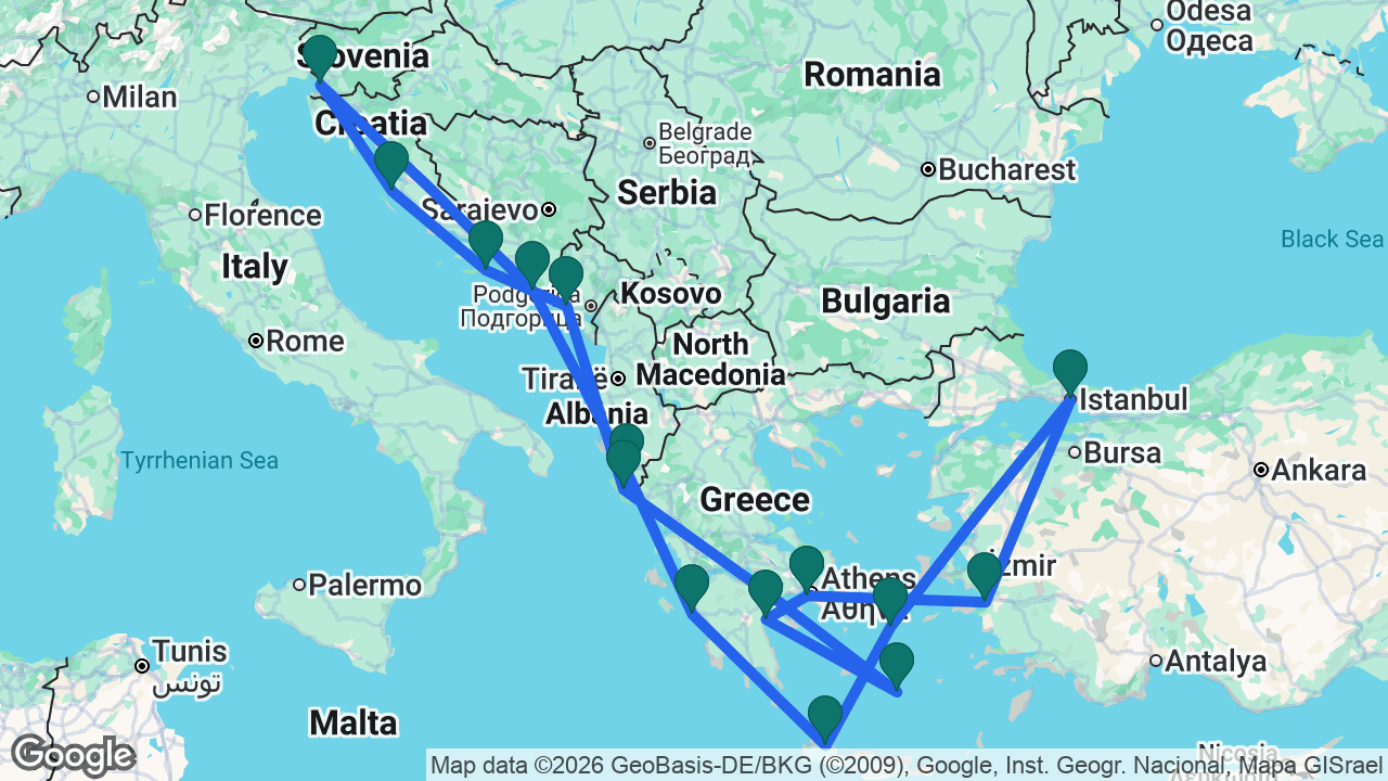 Route map: Athens -> Ephesus -> Istanbul -> Mykonos -> Chania -> Katakolon -> Sarandë -> Dubrovnik -> Trieste -> Zadar -> Korcula -> Kotor -> Corfu -> Santorini -> Nafplio -> Athens