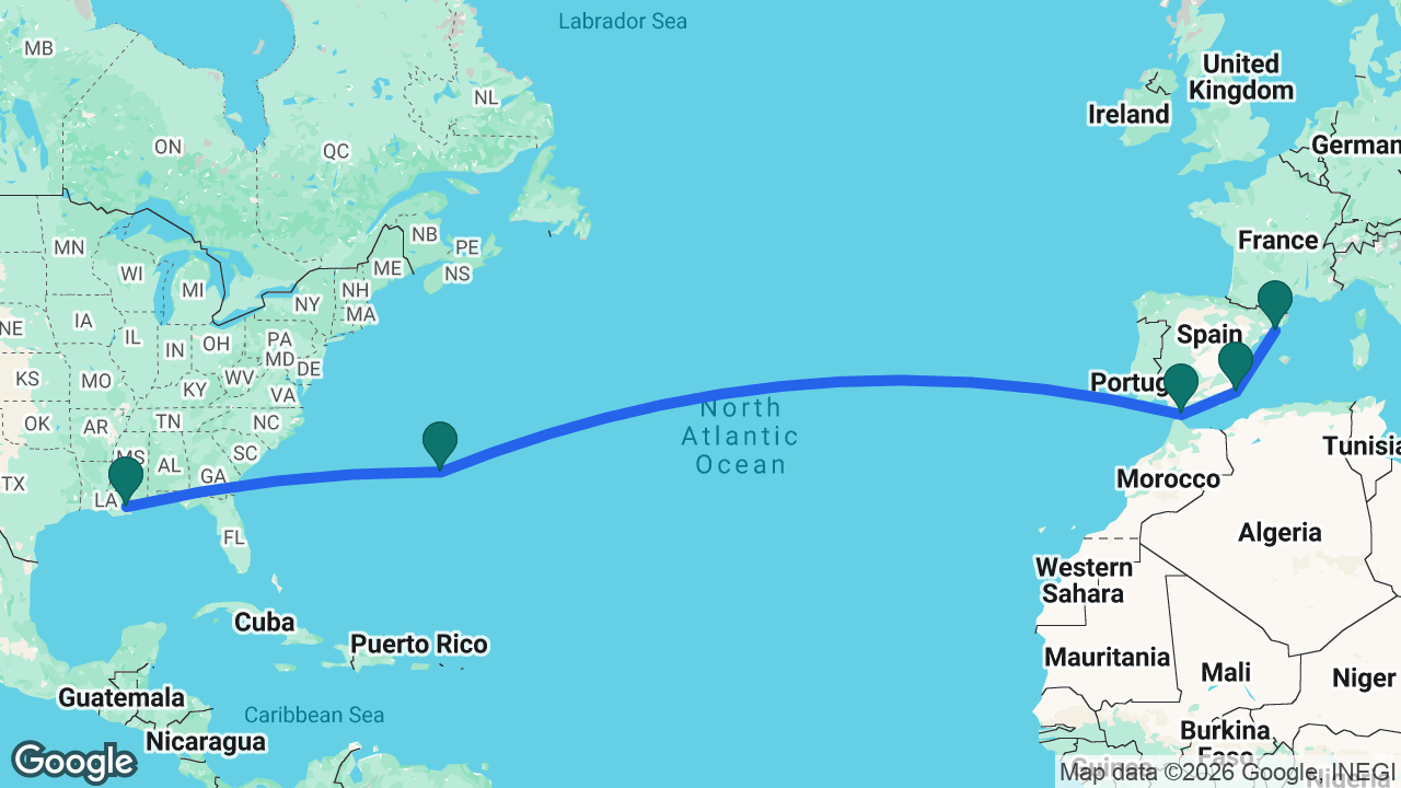 Route map: Barcelona -> Cartagena -> Gibraltar -> Bermuda -> New Orleans