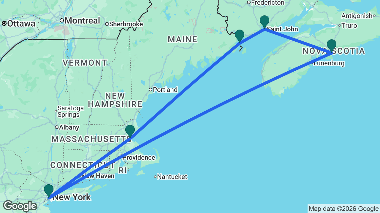Route map: New York -> Boston -> Eastport -> Saint John -> Halifax -> New York