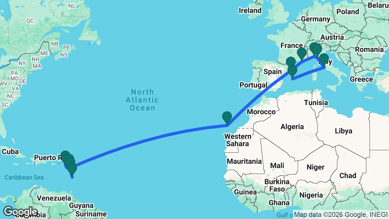 Route map: Martinique -> Guadeloupe -> St. Maarten -> St. Kitts -> Antigua -> Tenerife -> Barcelona -> Marseille -> Genoa -> La Spezia -> Rome -> Mallorca