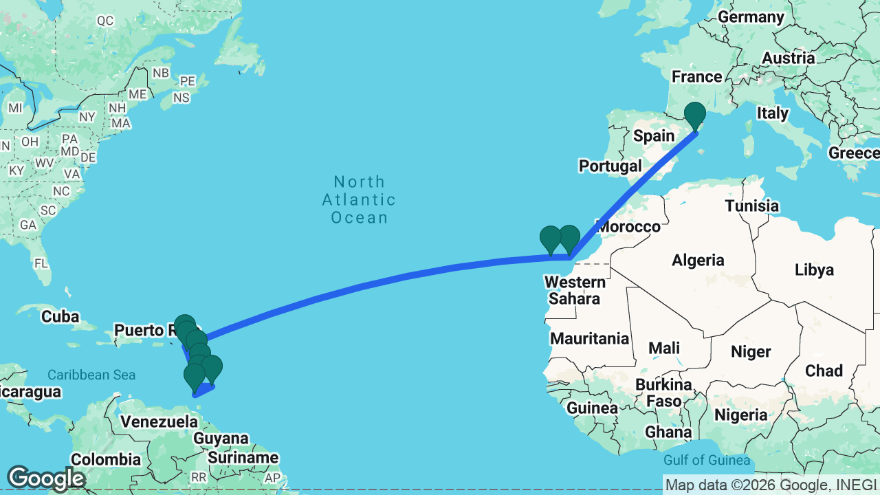 Route map: Barcelona -> Fuerteventura -> Tenerife -> St. Maarten -> St. Kitts -> St. Vincent -> Barbados -> Grenada -> Martinique -> Guadeloupe