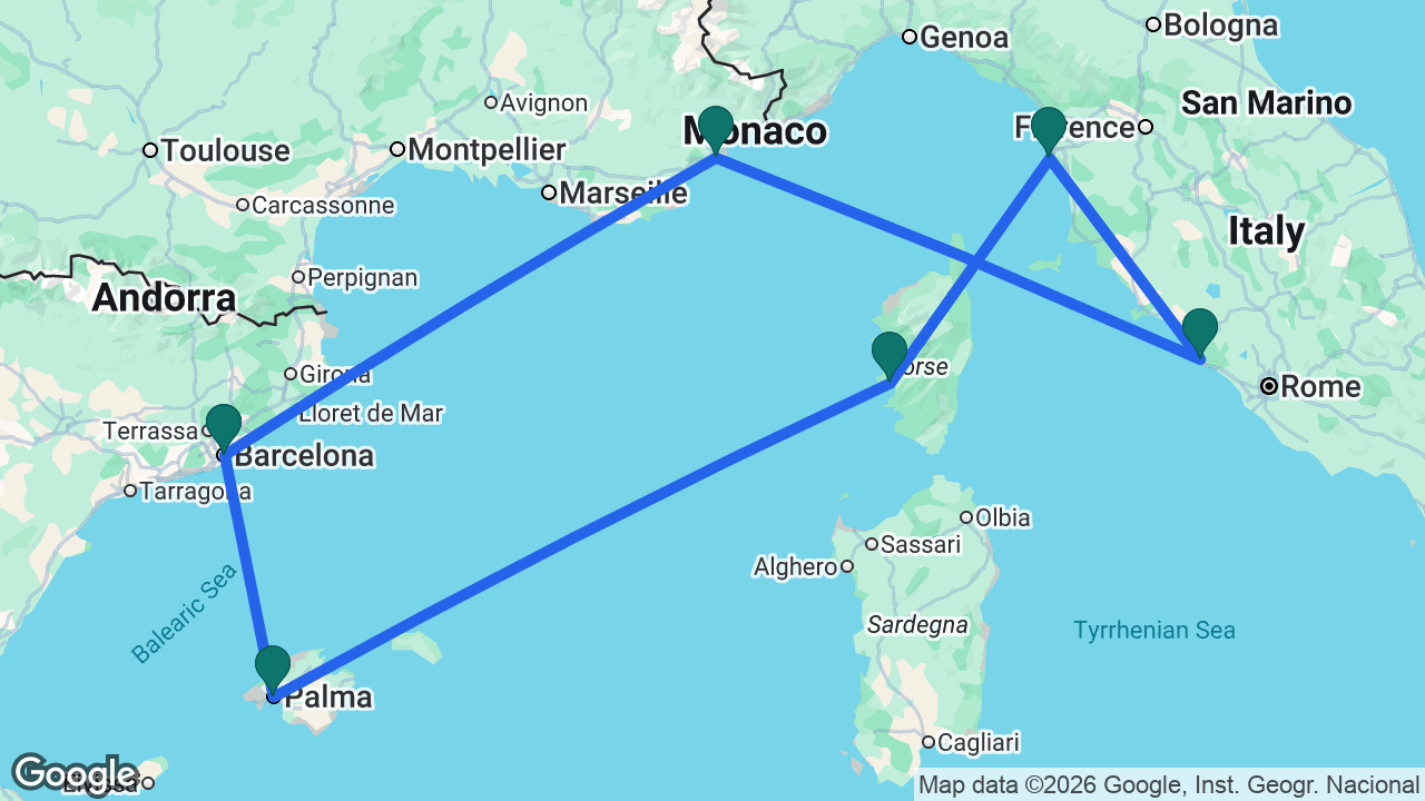 Route map: Barcelona -> Cannes -> Rome -> Florence -> Ajaccio -> Mallorca -> Barcelona