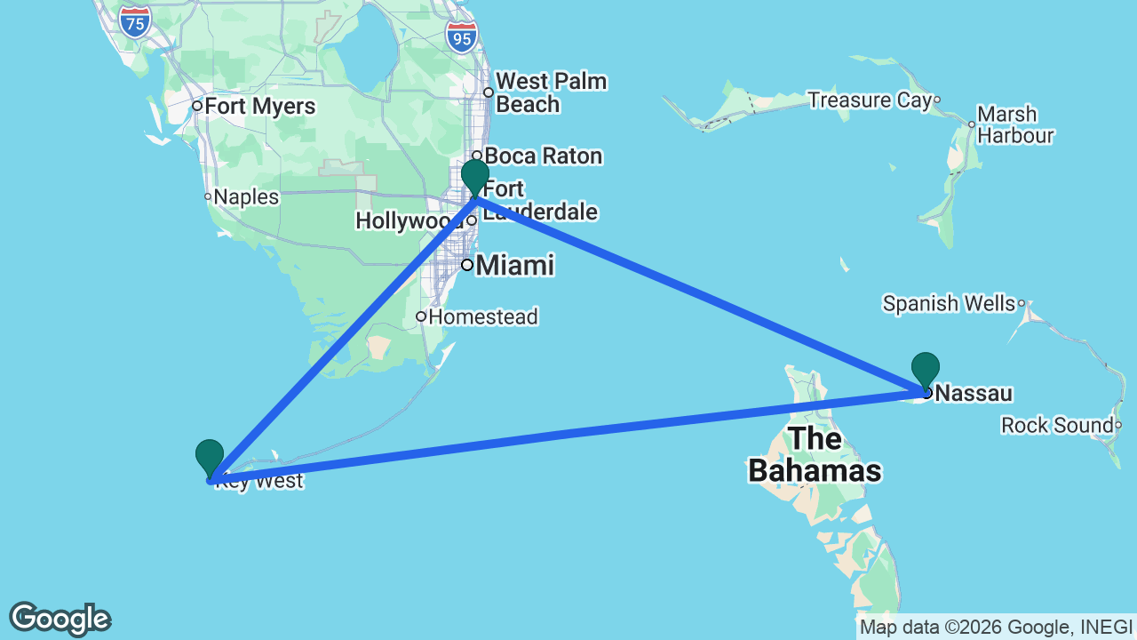 Route map: Fort Lauderdale -> Key West -> Nassau -> Fort Lauderdale