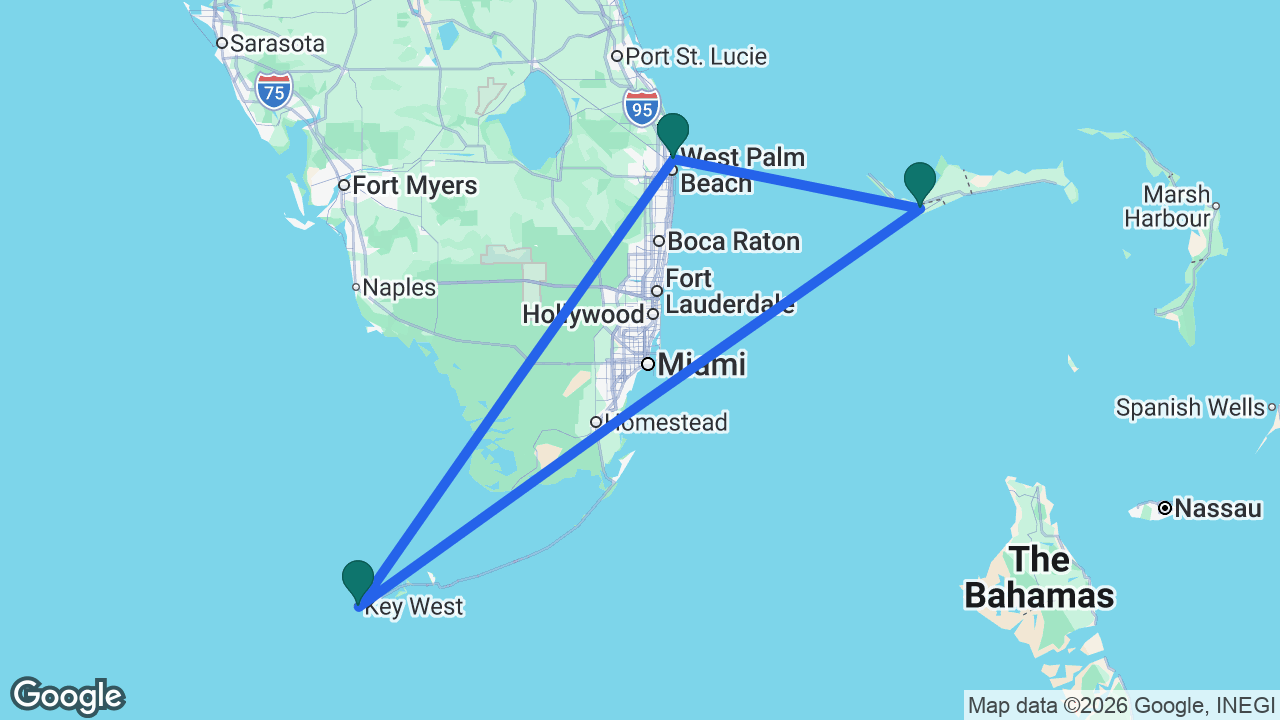 Route map: Palm Beach -> Key West -> Freeport -> Palm Beach