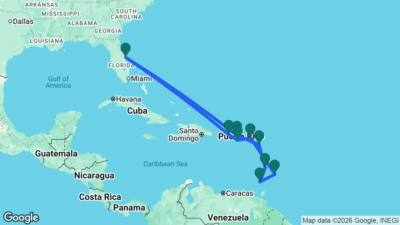 Route map: Port Canaveral -> St. Thomas -> Antigua -> St. Lucia -> Grenada -> Barbados -> St. Maarten -> St. Croix -> San Juan -> Port Canaveral